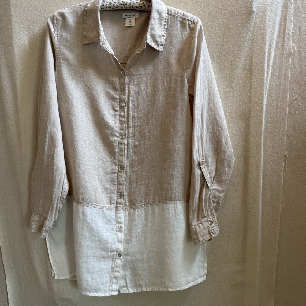 Artisan NY 100% Linen Women's Button-Up Tunic Top Beige Ivory Toned Lagenlook -S